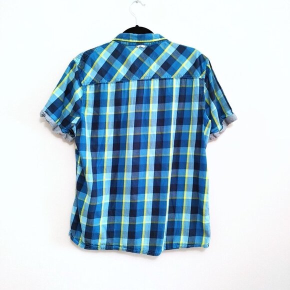Bench Men's  Button Up Shirt Size Large Blue Yellow Plaid Short Sleeve - Picture 3 of 3